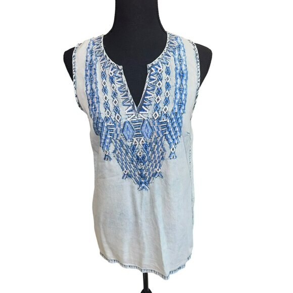 Lucky Brand Chambray Blue Embroidered Tencel Sleeveless Top S Cowgirl Boho Hippy - Picture 2 of 9
